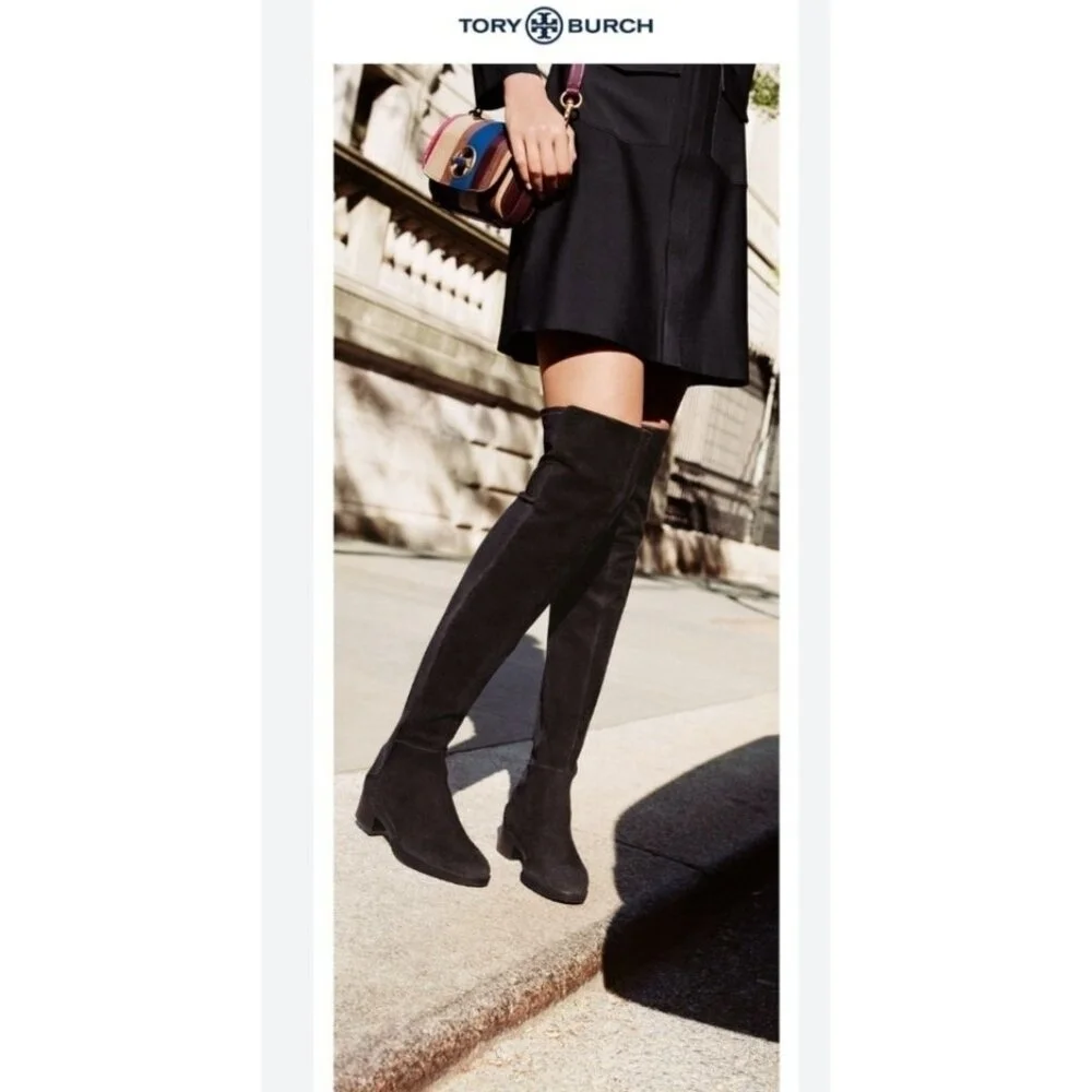 Tory Burch Caitlin Stretch Suede Over-The-Knee Boots, Black Size 7  $550